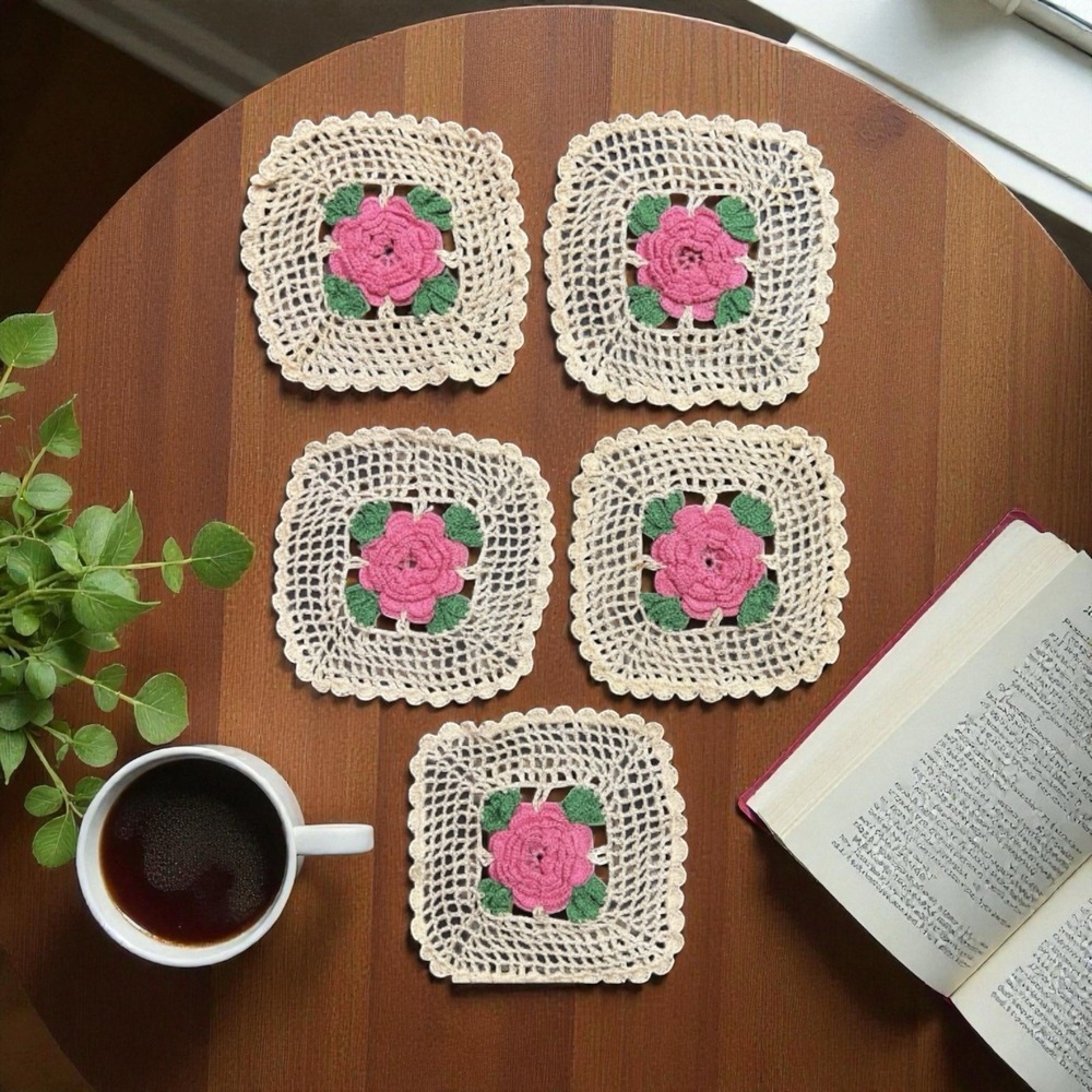 VTG 1950's Hand Crochet 3D Pink Beige Green Doilies Coasters Set Of 5 EUC